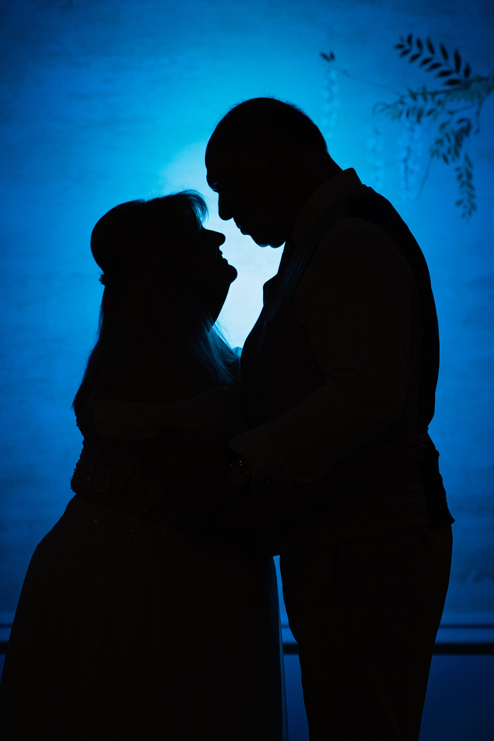 down hall wedding - bride and groom in silhouette