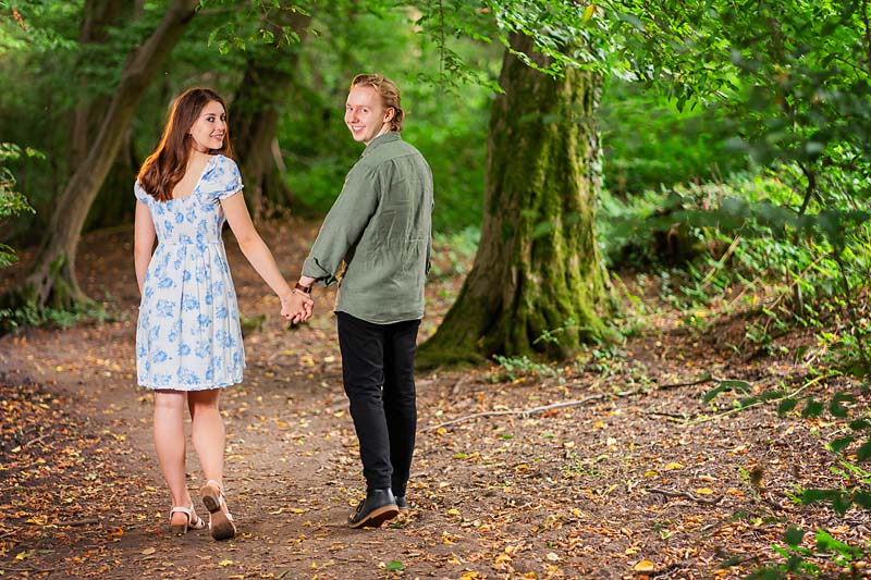 couple at their engagement shoot in a hertfordshire woodland