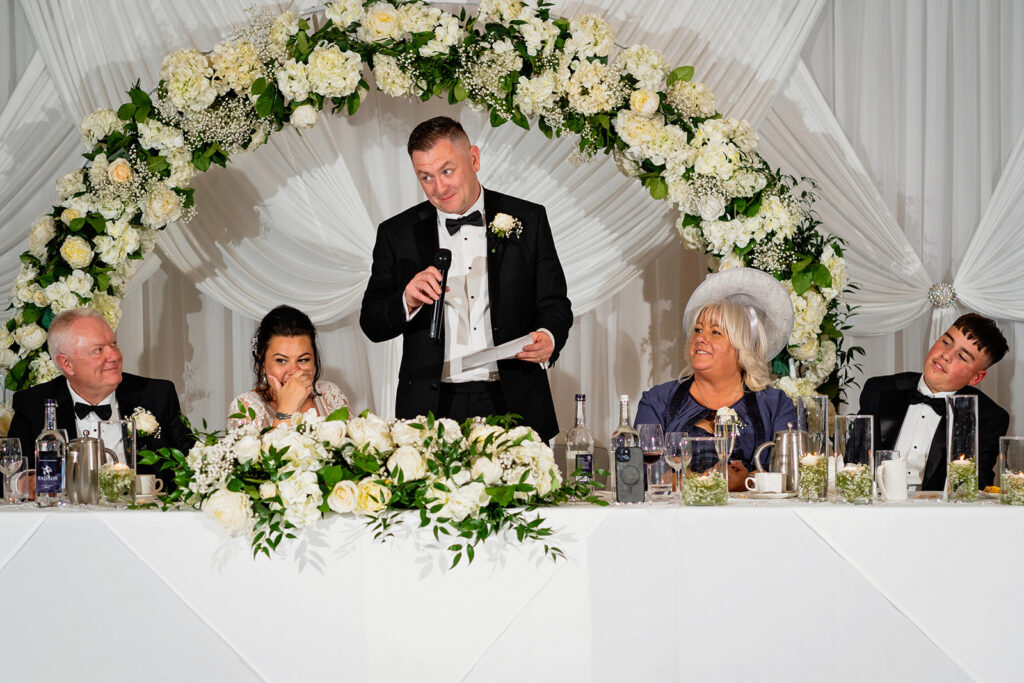 wedding at down hall - groom gives a speech at the wedding breakfast